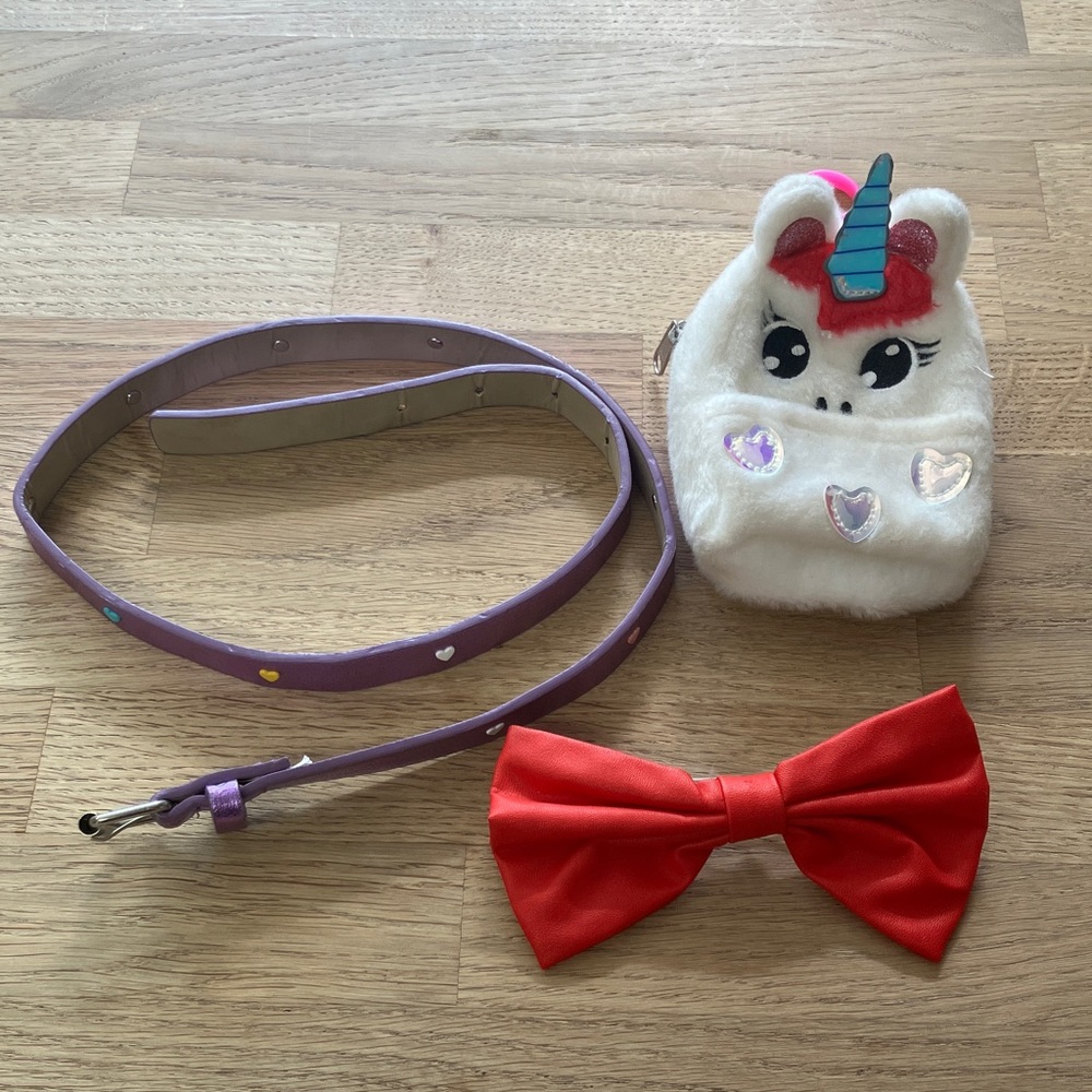 3 set Unicorn keychain purse/purple girls belt Size:XL(33”in)and red hair bow.
